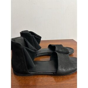 Eileen Fisher Women's Black Leather Ankle Strap Sandal Flats‎ Minimalist Size 9